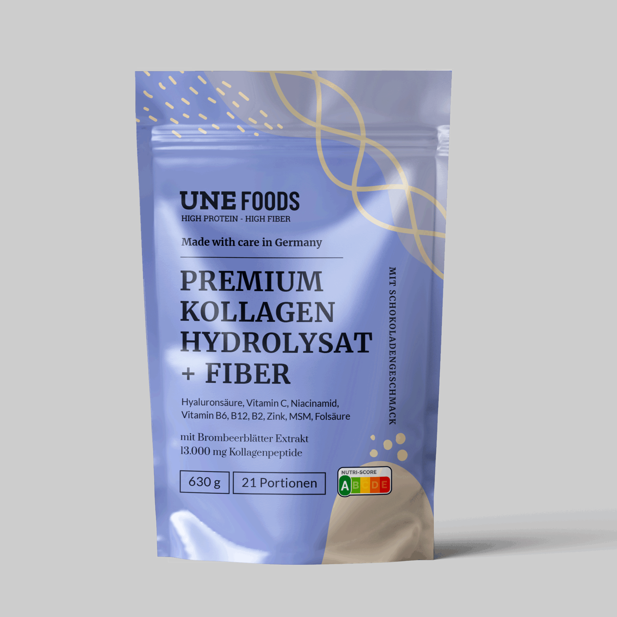 UNE FOODS Premium Kollagen Hydrolysat + Fiber mit Schokogeschmack – 630 g Vorratsbeutel, mit Nutri-Score A, 21 Portionen, hochwertige Nährstoffkombination.