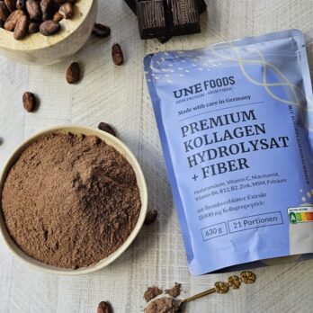 Premium Kollagenhydrolysat mit Ballaststoffen von UNE FOODS – Schoko-Kollagenpulver mit Kakao, Inulin und Vitaminen, ideal für bewusste Ernährung ohne Zuckerzusatz