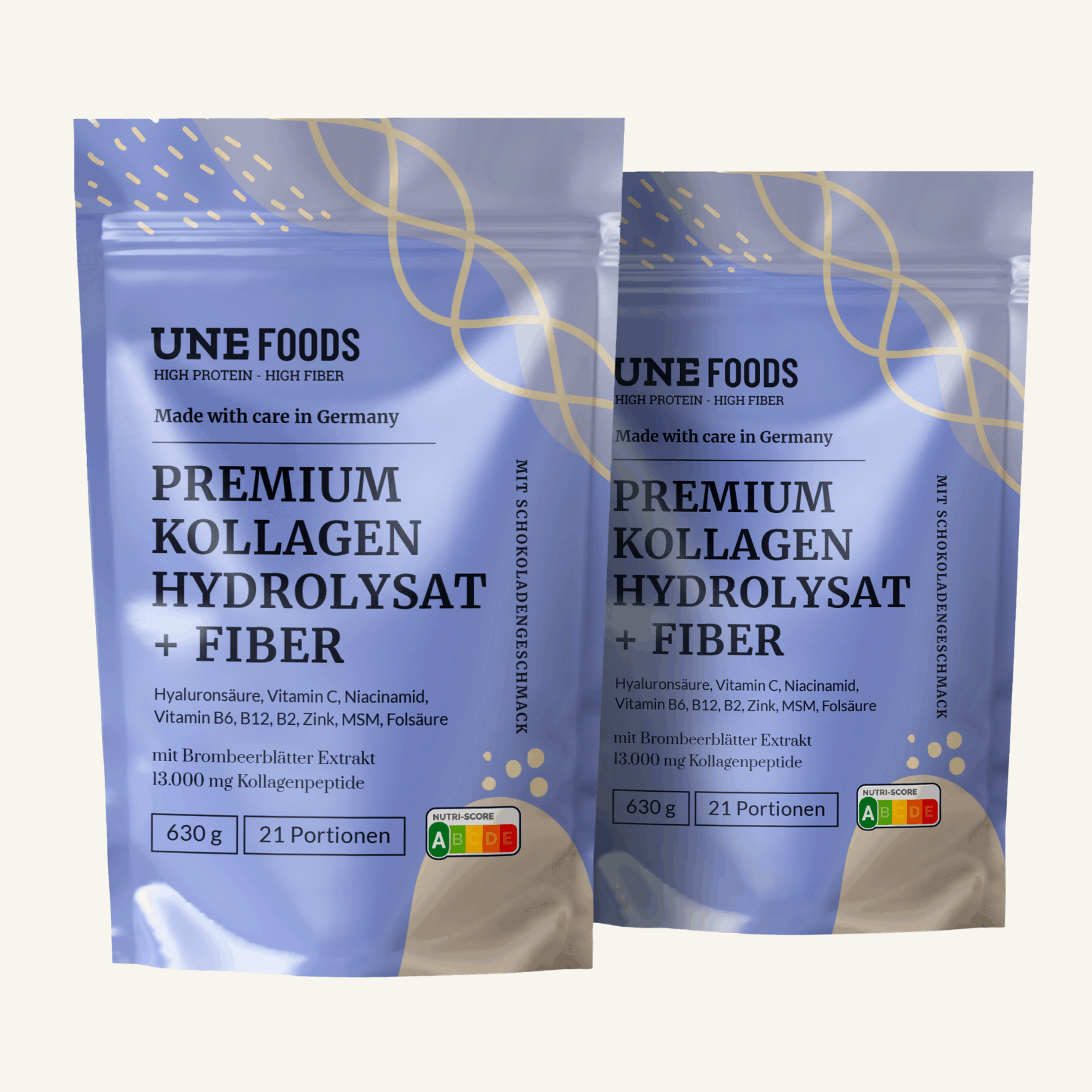 UNE Foods Premium Kollagen Hydrolysat + Fiber – Kollagenpulver mit Ballaststoffen, Hyaluronsäure, Vitamin C, Niacinamid, Folsäure, Zink, MSM sowie den Vitaminen B2, B6 und B12 auf der Verpackung.