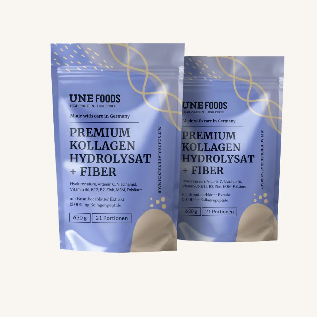 UNE Foods Premium Kollagen Hydrolysat Fiber 2er Set mit 2 Mal 630 g in wiederverschliessbaren Standbeuteln bioverfügbares Kollagenpulver mit Ballaststoffen und Mikronaehrstoffen