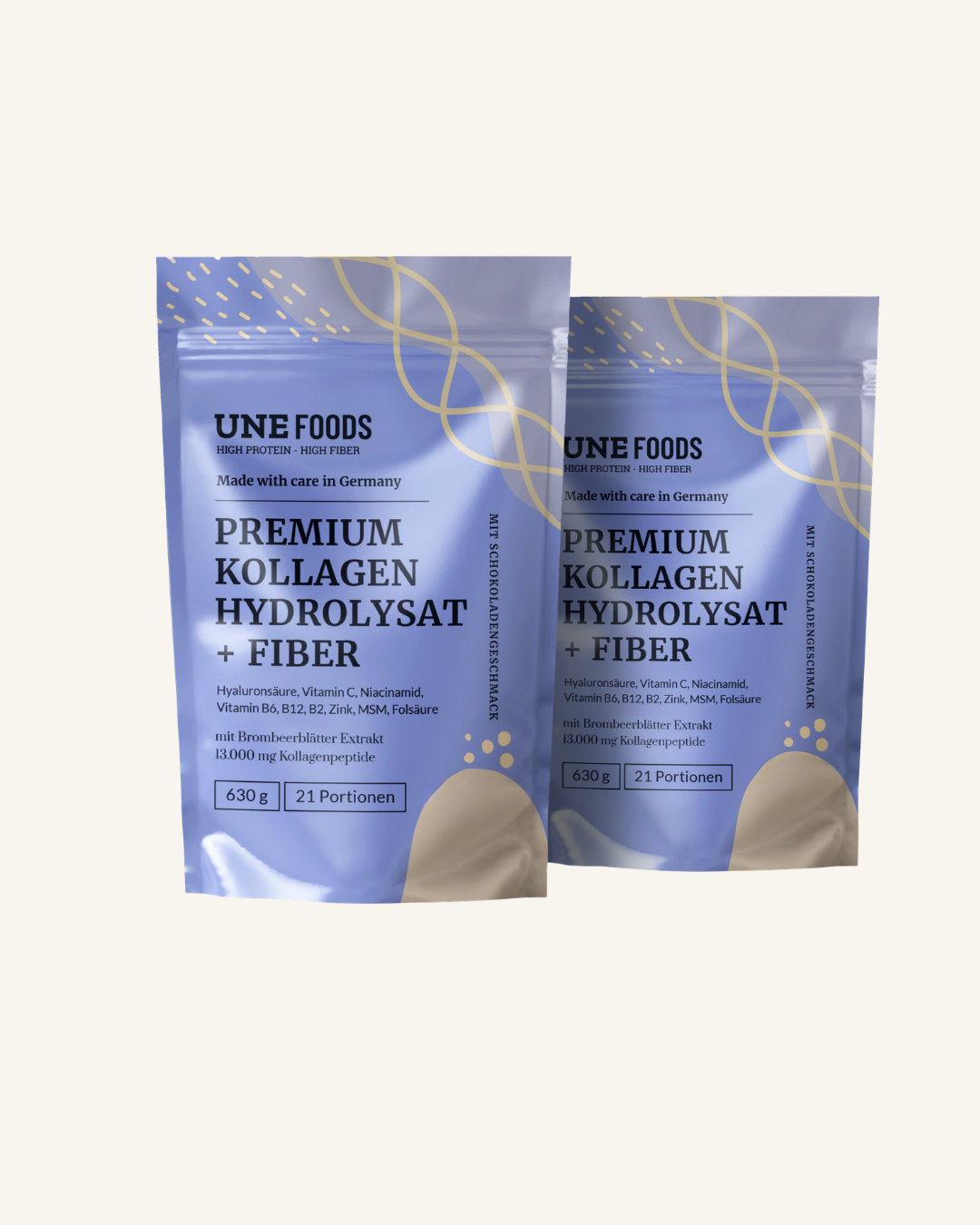 UNE Foods Premium Kollagen Hydrolysat Fiber 2er Set mit 2 Mal 630 g in wiederverschliessbaren Standbeuteln bioverfügbares Kollagenpulver mit Ballaststoffen und Mikronaehrstoffen