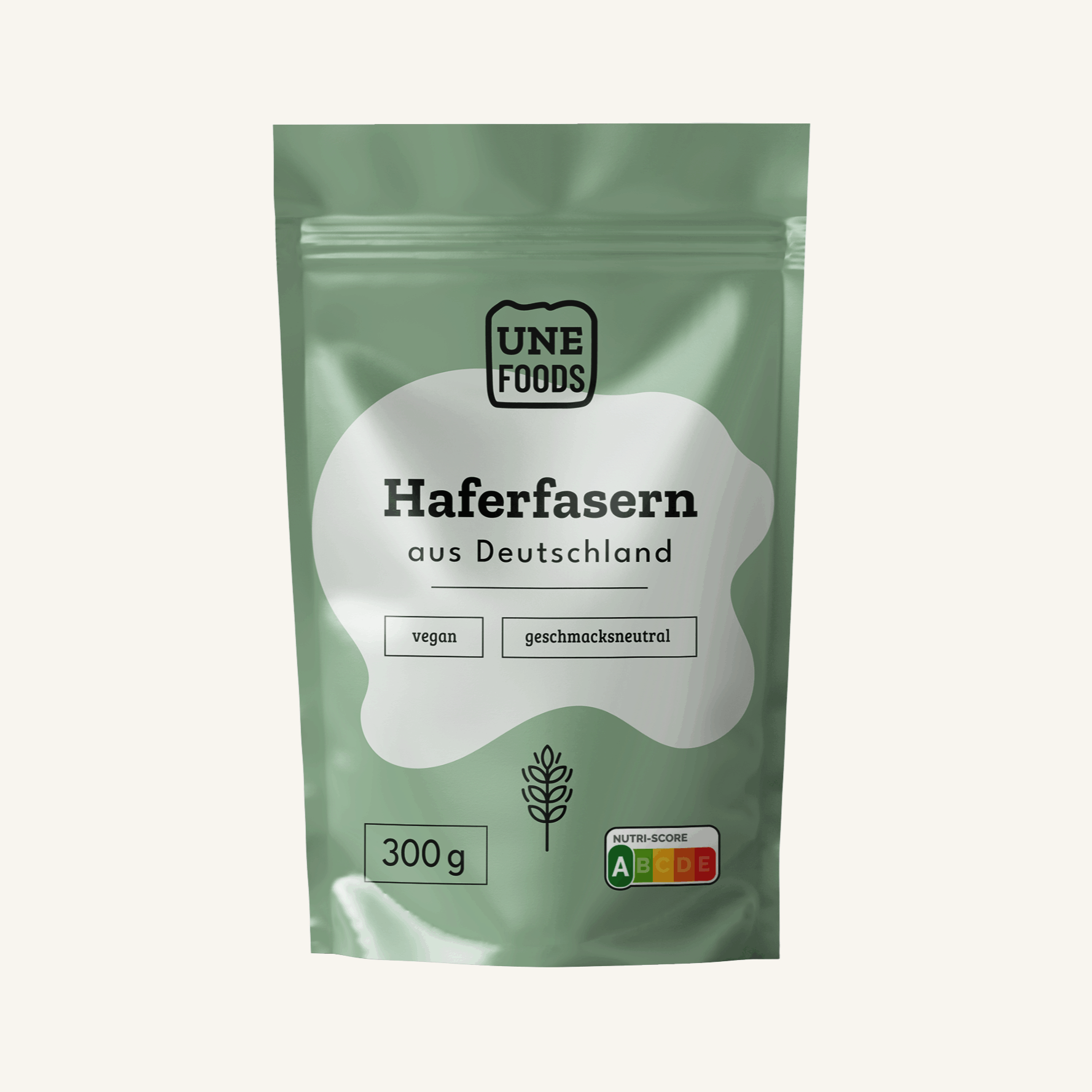 UNE FOODS Haferfasern aus Deutschland – natürliche Oat Fiber im 300-g-Standbeutel, Produktfoto auf hellem Hintergrund