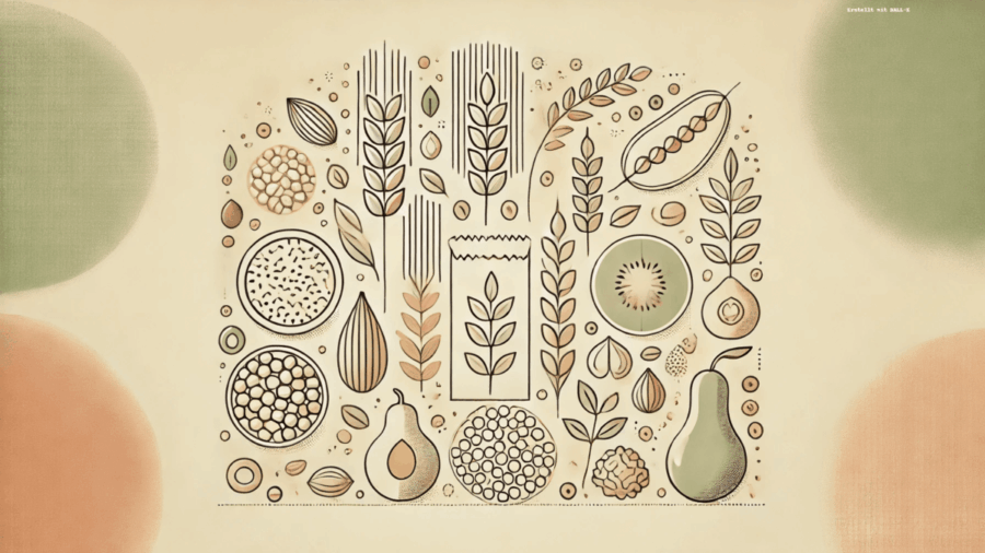 Illustration von Ballaststoffen und natürlichen Quellen wie Samen, Nüssen, Getreide und Öl. UNE FOODS