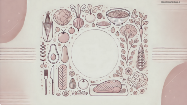 Illustration of fiber-rich foods arranged around a white plate – clean, functional design in UNE FOODS style
