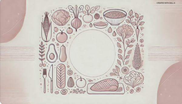 Illustration of fiber-rich foods arranged around a white plate – clean, functional design in UNE FOODS style