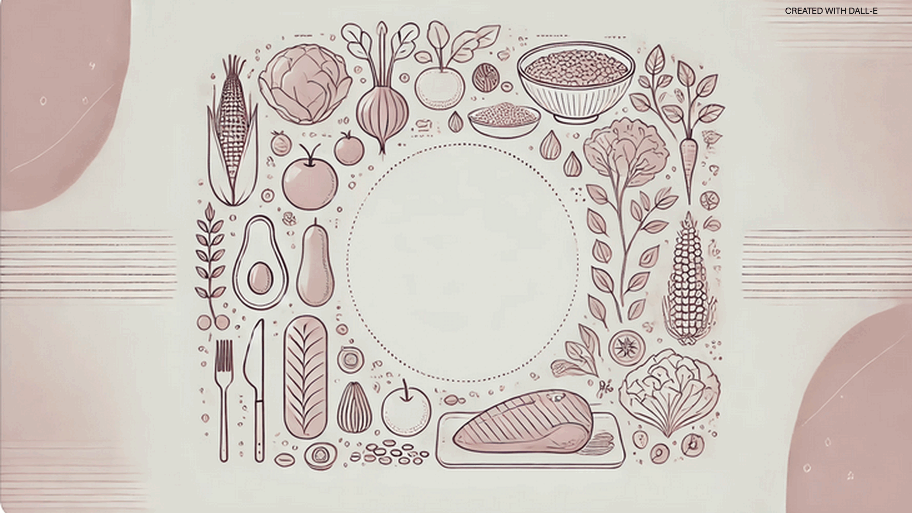 Illustration of fiber-rich foods arranged around a white plate – clean, functional design in UNE FOODS style
