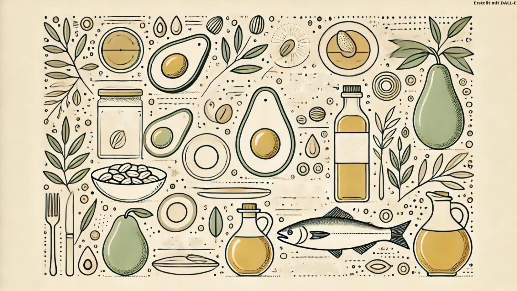 Illustration von gesunden Fettquellen wie Avocado, Nüssen, Samen und Olivenöl – natürliche Quellen für wertvolle Fette