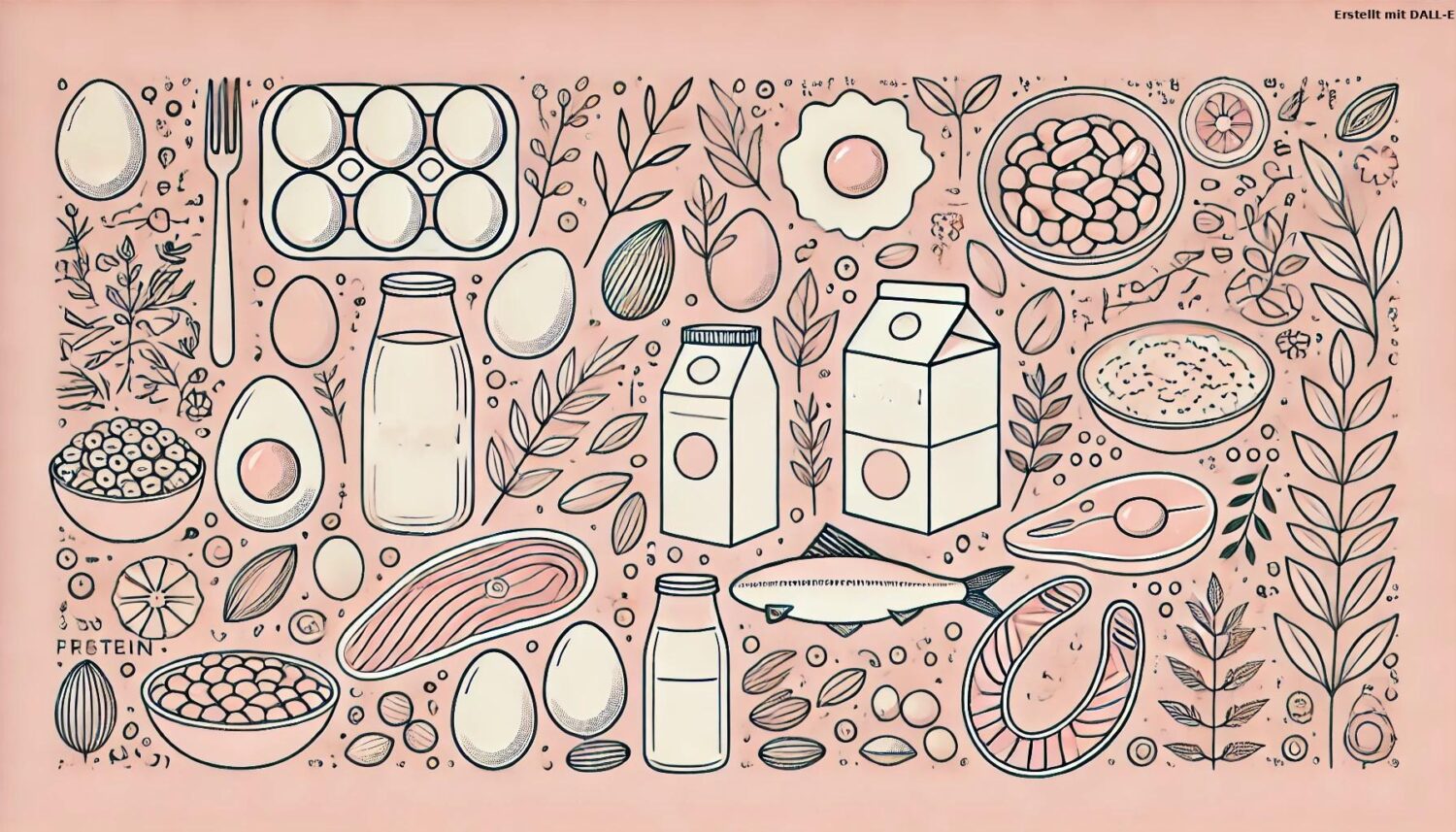 Illustration von tierischen und pflanzlichen Proteinquellen wie Eiern, Milchprodukten, Fisch, H&uuml;lsenfr&uuml;chten, N&uuml;ssen und Samen. UNE FOODS