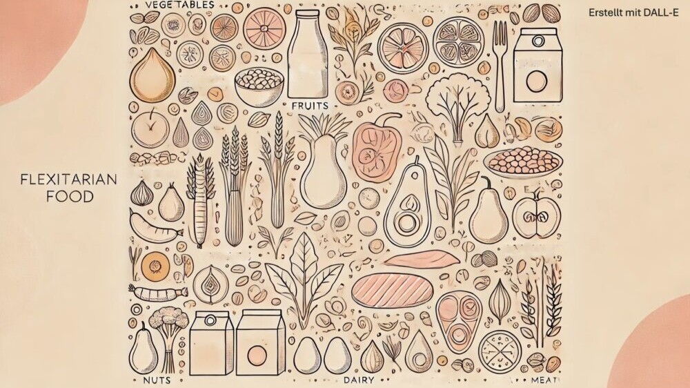 Flexitarische Ernährung mit pflanzlichen und tierischen Lebensmitteln auf einem Teller.