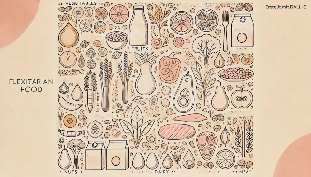 Flexitarische Ern&auml;hrung mit pflanzlichen und tierischen Lebensmitteln auf einem Teller.