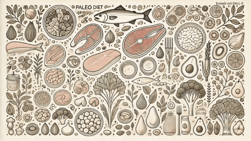 Paleo Ernährung: Übersicht natürlicher, unverarbeiteter Lebensmittel wie Fleisch, Fisch, Gemüse, Nüsse und gesunde Fette – im Stil der Steinzeit-Ernährung illustriert.