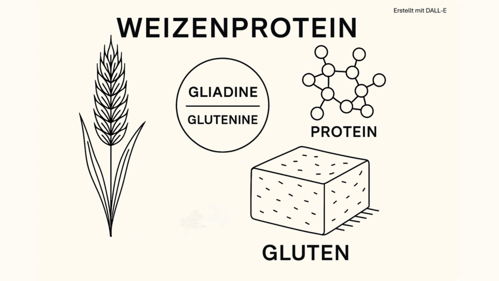 Illustration zu Weizenprotein: Darstellung von Gluten, Proteinstruktur, Gliadinen und Gluteninen – erklärt den Aufbau von Gluten im Weizen.