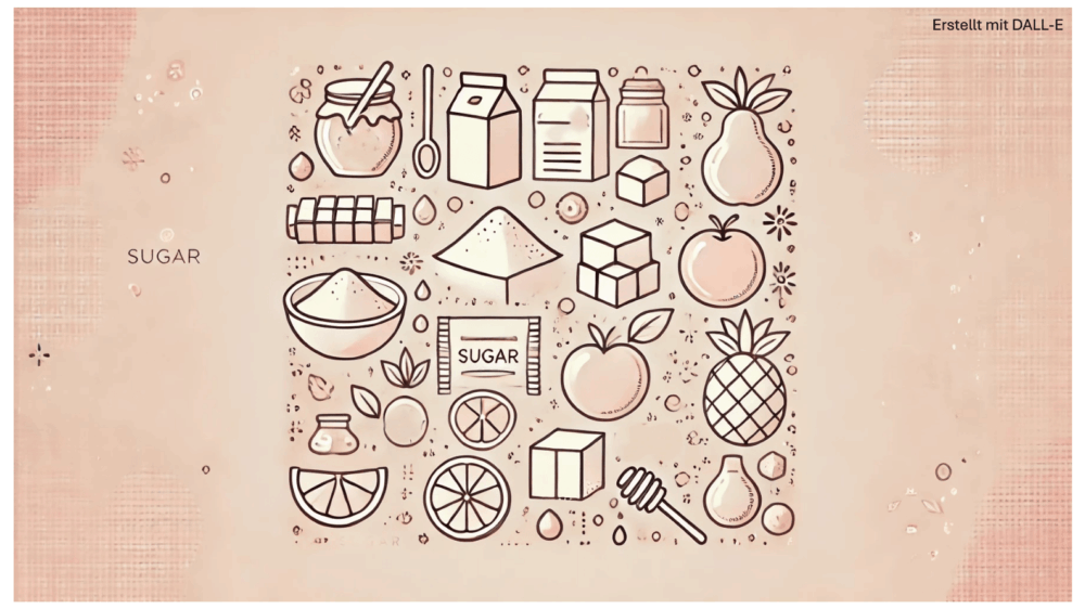 Illustration verschiedener Zuckerarten, darunter Früchte, Würfelzucker, Honig und Milch.
