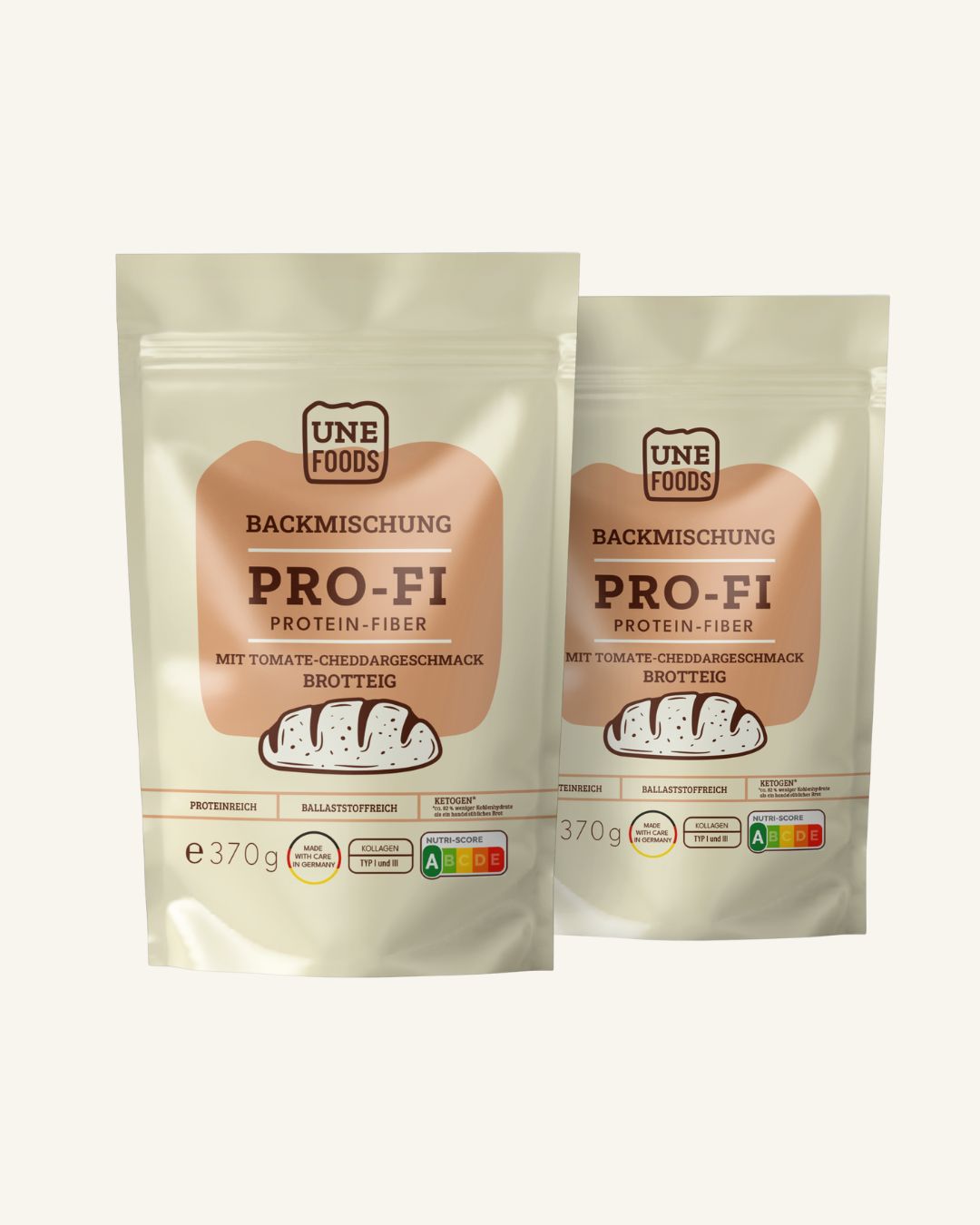 UNE Foods PRO-FI Brotbackmischung Tomate-Cheddar 2er Set mit 2 × 370 g – protein- und ballaststoffreiches Lower Carb Brot mit Tomate und Cheddar