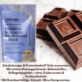 UNE FOODS Premium Kollagenpulver mit Schokogeschmack, Ballaststoffen und Kollagen Typ I & III – ohne Zuckerzusatz, ohne Zuckeralkohole. Abbildung mit Schokoladentafel und Produktverpackung.