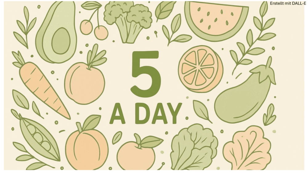 Illustration of the “5 a day” concept with vegetables and fruit – simple and practical tips for everyday use.