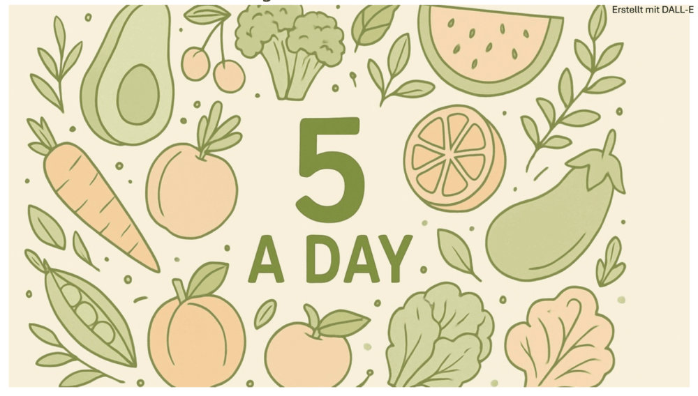 Illustration of the “5 a day” concept with vegetables and fruit – simple and practical tips for everyday use.