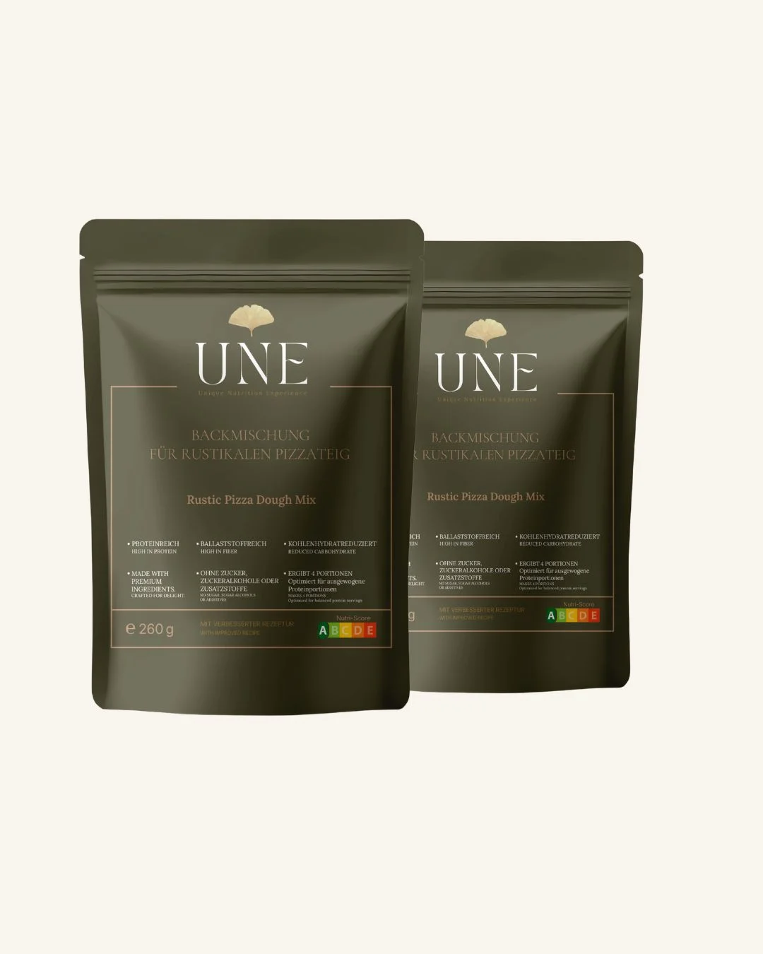 UNE Foods Protein Pizzateig Bundle mit zwei rustikalen Protein-Pizzateig Backmischungen – viele Ballaststoffe, viel Protein, deutlich weniger Kohlenhydrate und Clean Label.