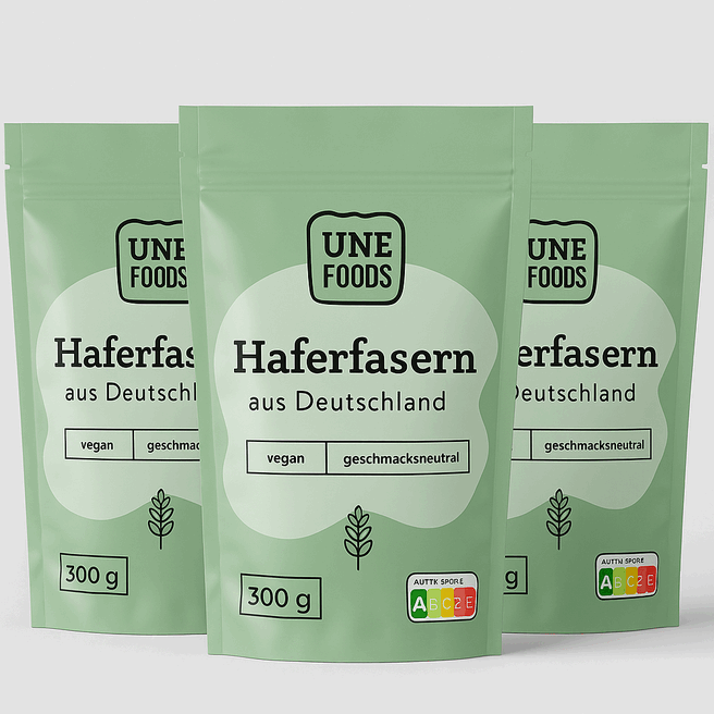 Drei Packungen UNE FOODS Haferfasern aus Deutschland – je 300 g, vegan, geschmacksneutral, mit Nutri-Score A
