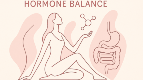 Illustration einer Frau mit Hormonsymbol und Verdauungssystem – Symbolbild für die Verbindung zwischen Hormonen, Darmgesundheit und Ernährung.