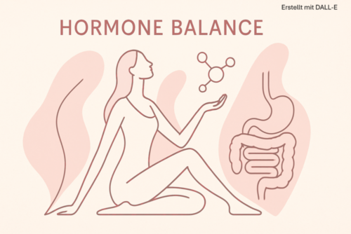 Illustration einer Frau mit Hormonsymbol und Verdauungssystem &ndash; Symbolbild f&uuml;r die Verbindung zwischen Hormonen, Darmgesundheit und Ern&auml;hrung.