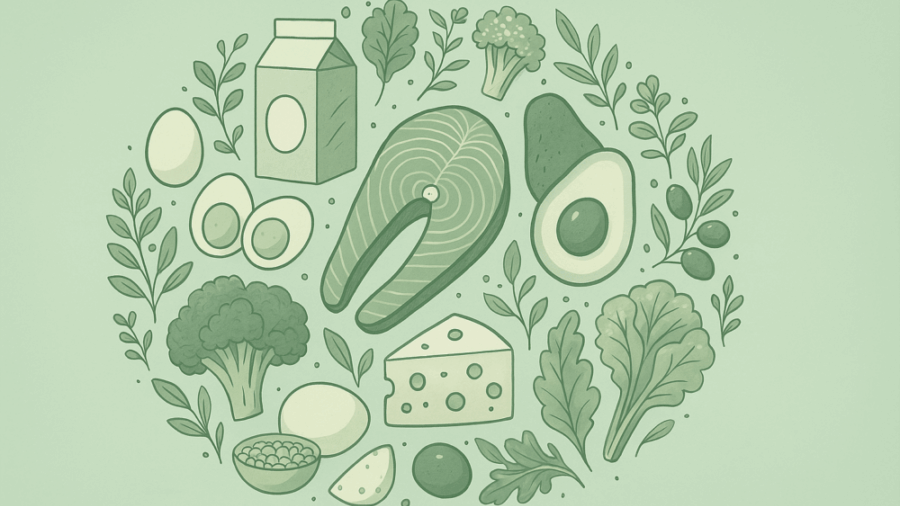Illustration zur Low-Carb-Ernährung mit kohlenhydratarmen Lebensmitteln wie Avocado, Ei, Käse, Fisch, grünem Gemüse und Nüssen – visuelle Darstellung einer ausgewogenen Lower Carb Ernährung.