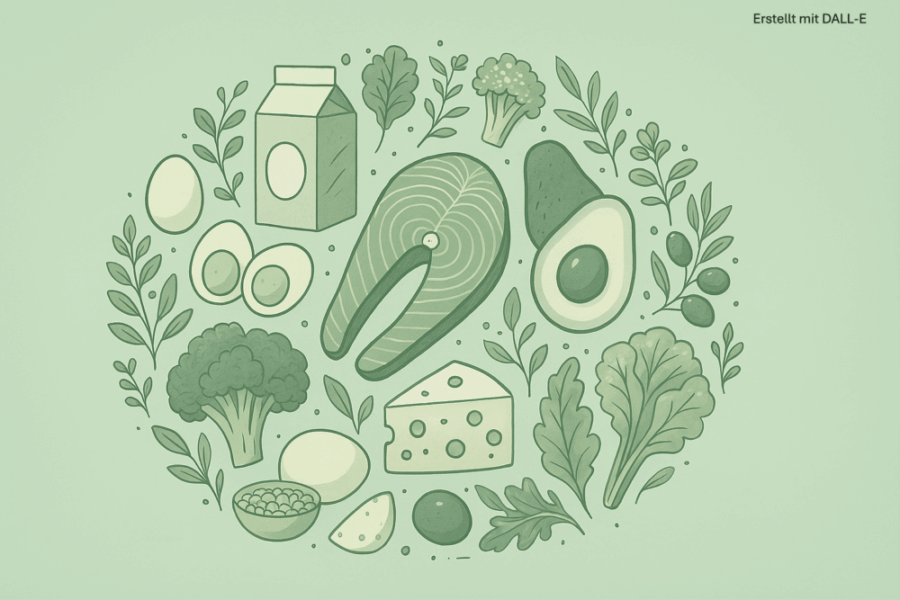 Illustration zur Low-Carb-Ern&auml;hrung mit kohlenhydratarmen Lebensmitteln wie Avocado, Ei, K&auml;se, Fisch, gr&uuml;nem Gem&uuml;se und N&uuml;ssen &ndash; visuelle Darstellung einer ausgewogenen Lower Carb Ern&auml;hrung.