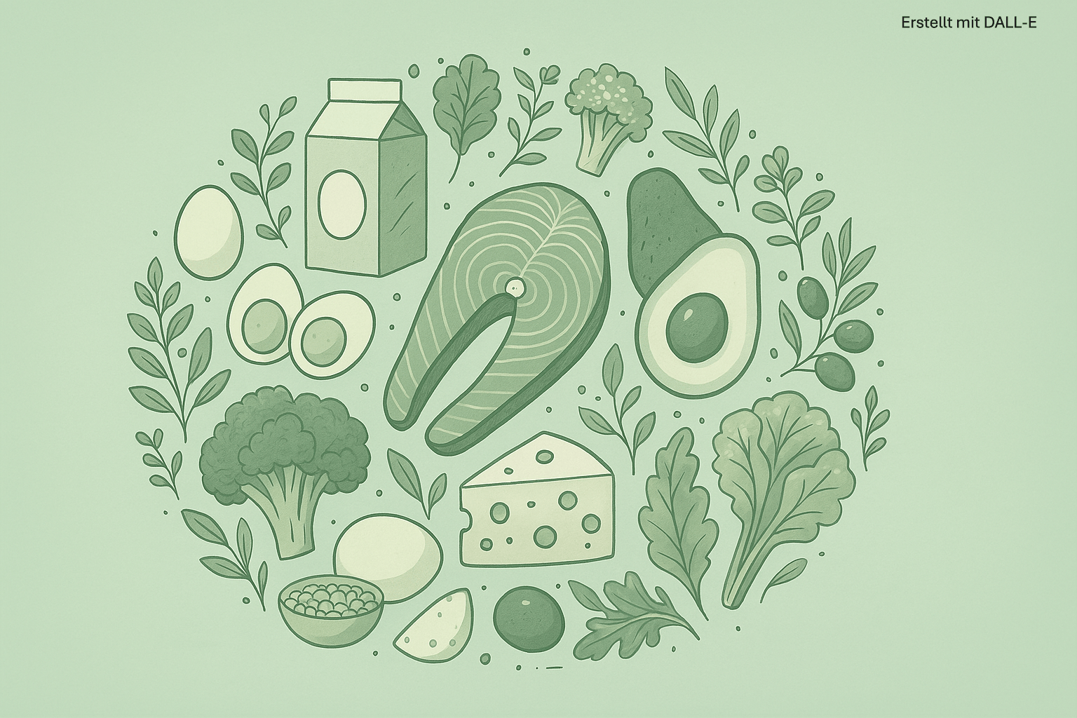 Illustration zur Low-Carb-Ernährung mit kohlenhydratarmen Lebensmitteln wie Avocado, Ei, Käse, Fisch, grünem Gemüse und Nüssen – visuelle Darstellung einer ausgewogenen Lower Carb Ernährung.