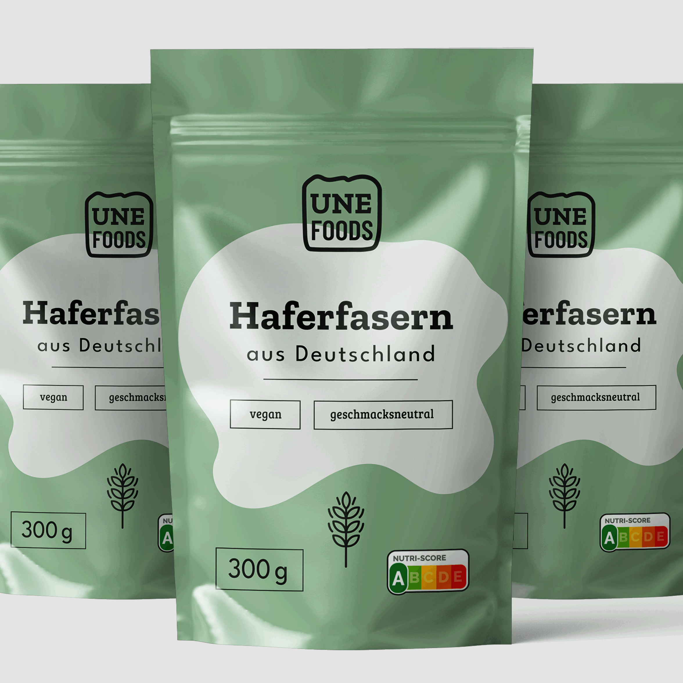 Drei Packungen UNE FOODS Haferfasern aus Deutschland – je 300 g, vegan, geschmacksneutral, mit Nutri-Score A