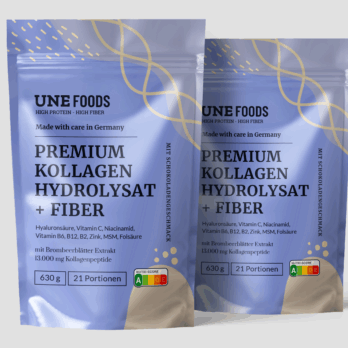 Zwei Beutel UNE FOODS Premium Kollagenhydrolysat + Fiber – 3-in-1 Kollagenpulver mit Ballaststoffen und Vitaminen, hergestellt in Deutschland, ideal zur Unterstützung von Haut, Darm und Energie.