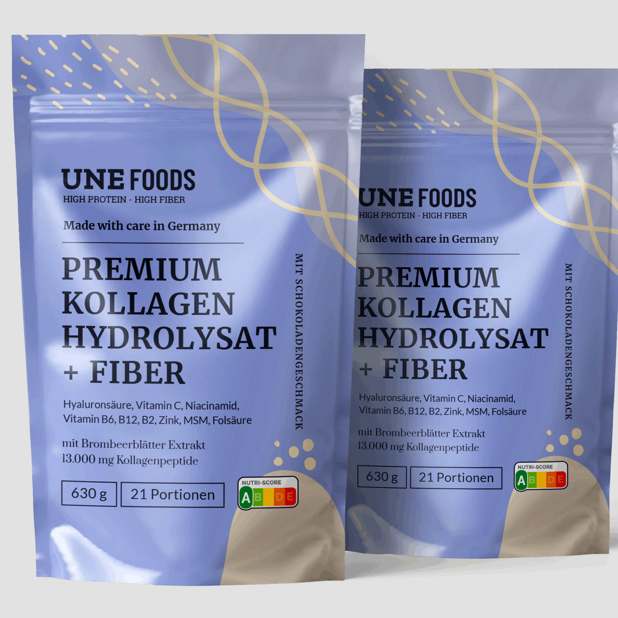 Zwei Beutel UNE FOODS Premium Kollagenhydrolysat + Fiber – 3-in-1 Kollagenpulver mit Ballaststoffen und Vitaminen, hergestellt in Deutschland, ideal zur Unterstützung von Haut, Darm und Energie.