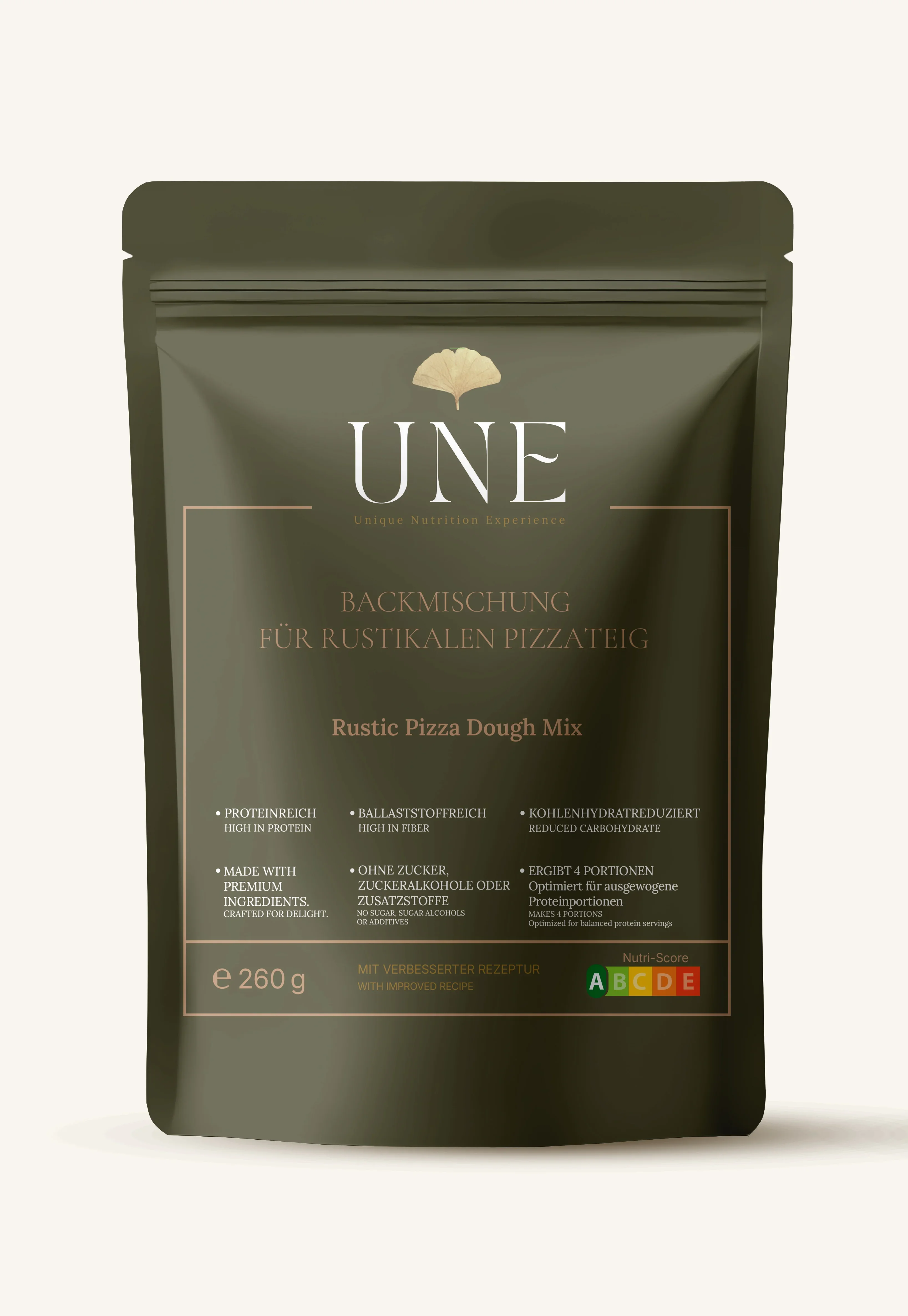 Vorderseite der UNE Foods Protein-Pizzateig Backmischung für rustikalen Pizzateig mit vielen Ballaststoffen, viel Protein und deutlich weniger Kohlenhydraten.