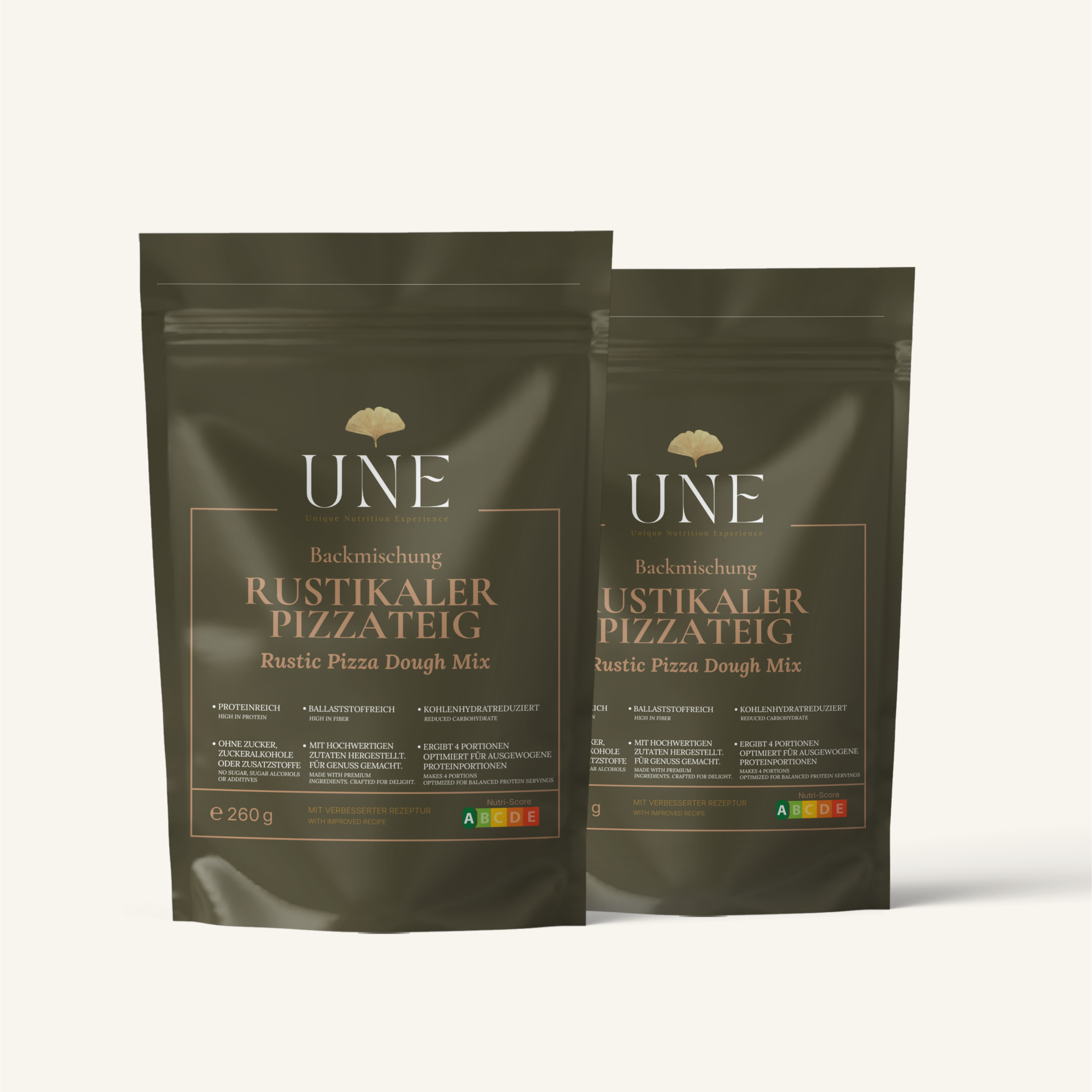 UNE Foods Protein Pizzateig Bundle mit zwei rustikalen Protein-Pizzateig Backmischungen – viele Ballaststoffe, viel Protein, deutlich weniger Kohlenhydrate und Clean Label.