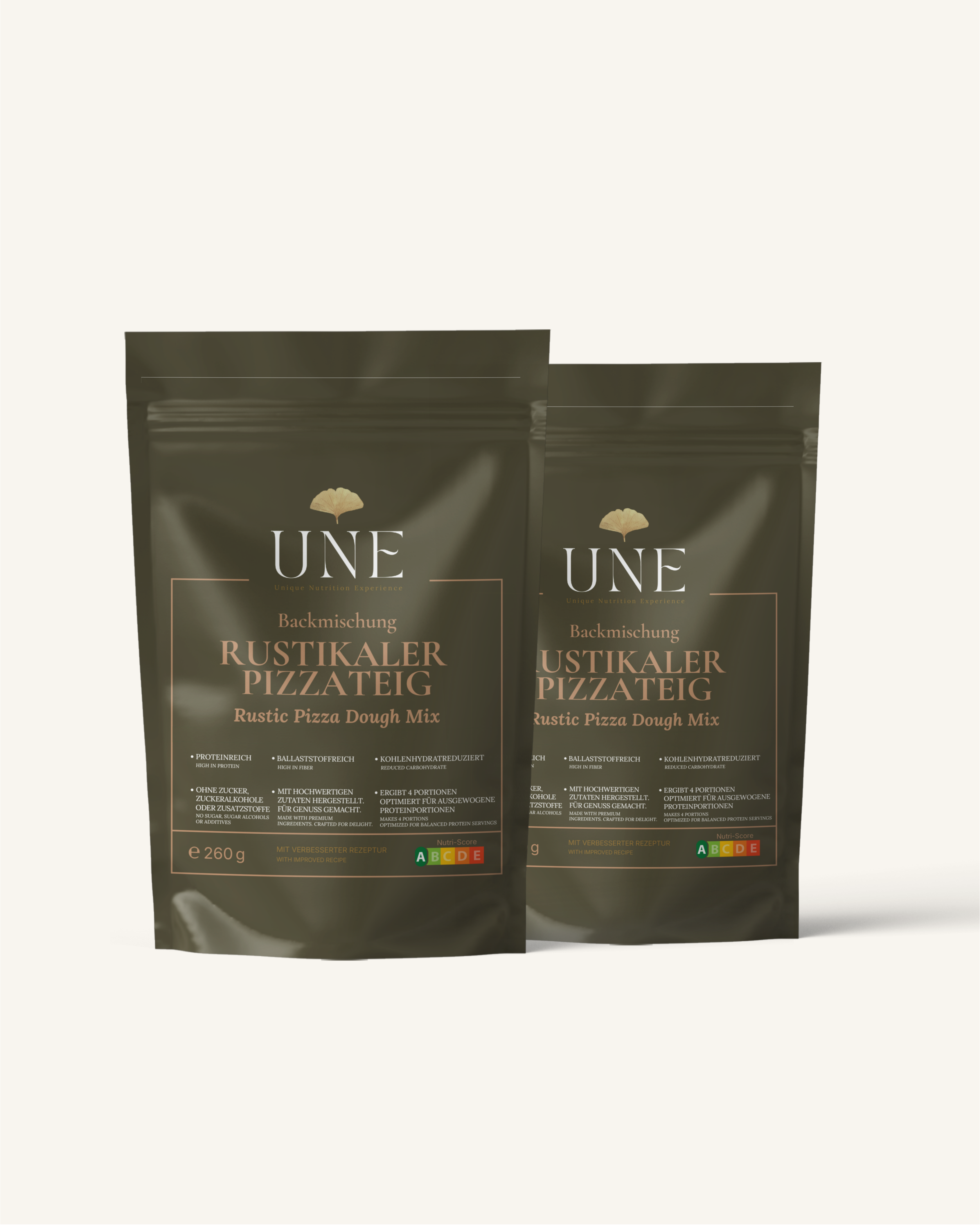 UNE Foods Protein Pizzateig Bundle mit zwei rustikalen Protein-Pizzateig Backmischungen – viele Ballaststoffe, viel Protein, deutlich weniger Kohlenhydrate und Clean Label.