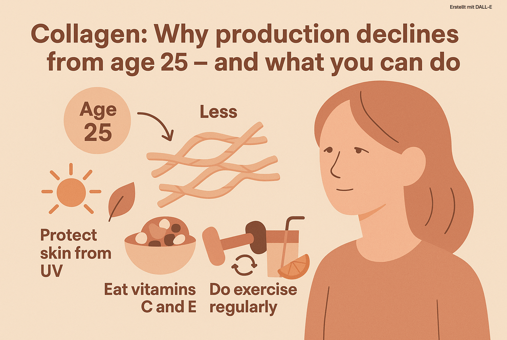 Infographic showing collagen production decline starting around age 25, with icons for aging, UV exposure, and lifestyle factors, alongside a woman and tips for supporting collagen naturally.