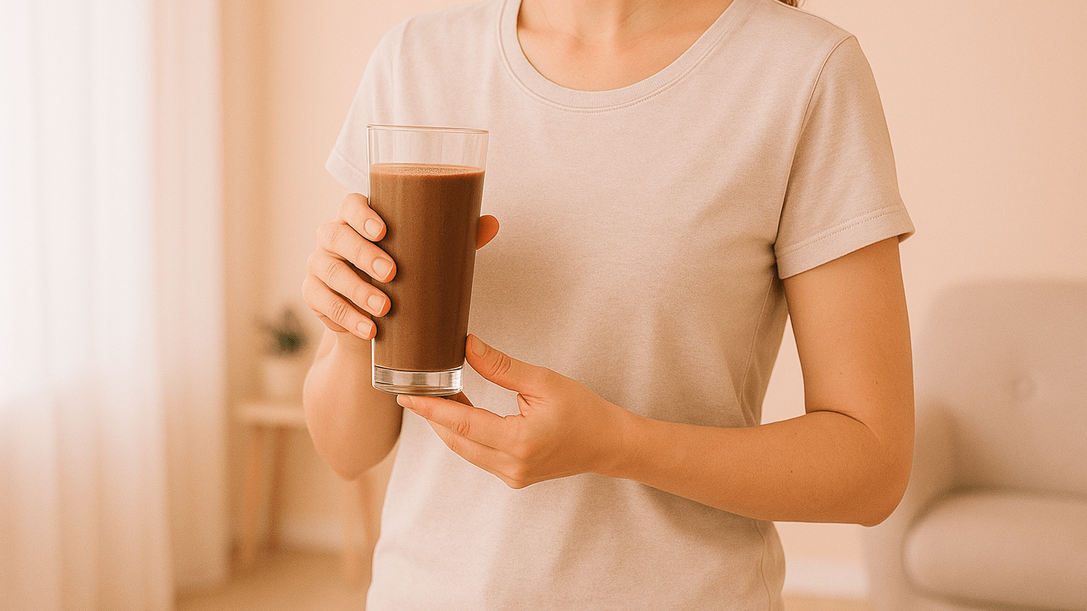 Alt-Text: Frau hält Glas mit schokoladenfarbenem Kollagen-Drink in heller, pastellfarbener Umgebung – funktionelles Frühstück mit UNE FOODS Kollagenhydrolysat