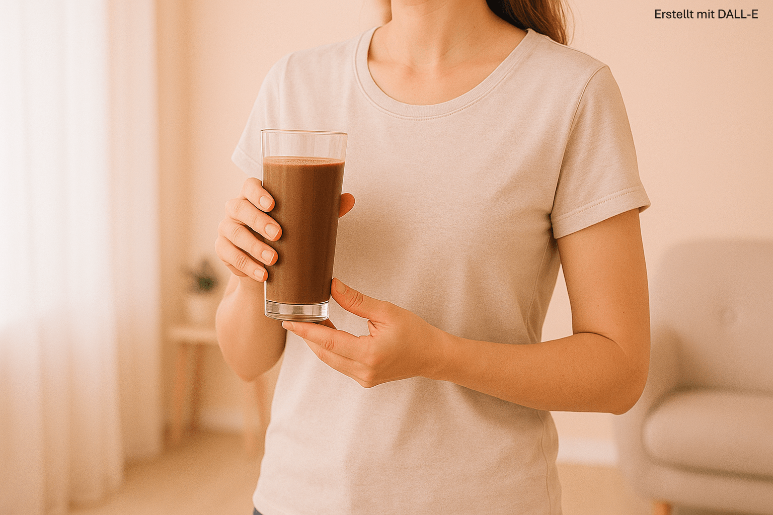 Alt-Text: Frau hält Glas mit schokoladenfarbenem Kollagen-Drink in heller, pastellfarbener Umgebung – funktionelles Frühstück mit UNE FOODS Kollagenhydrolysat