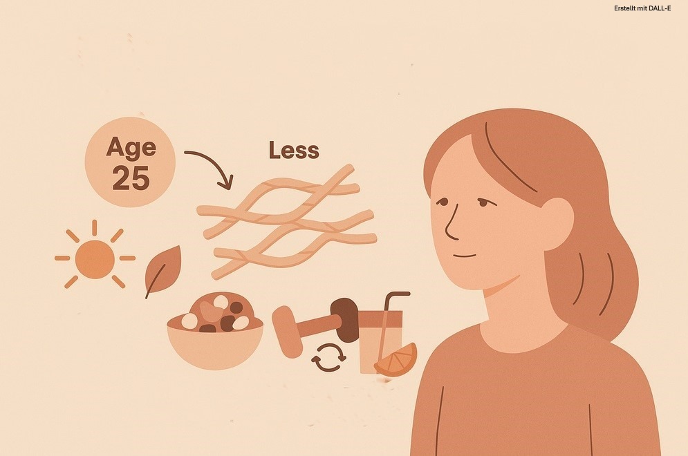 Illustration zum Thema Kollagenabbau: Zeigt den natürlichen Rückgang der körpereigenen Kollagenproduktion ab etwa 25 Jahren, begleitet von einer Frau und Symbolen für Haut, Gelenke und Zellstruktur.