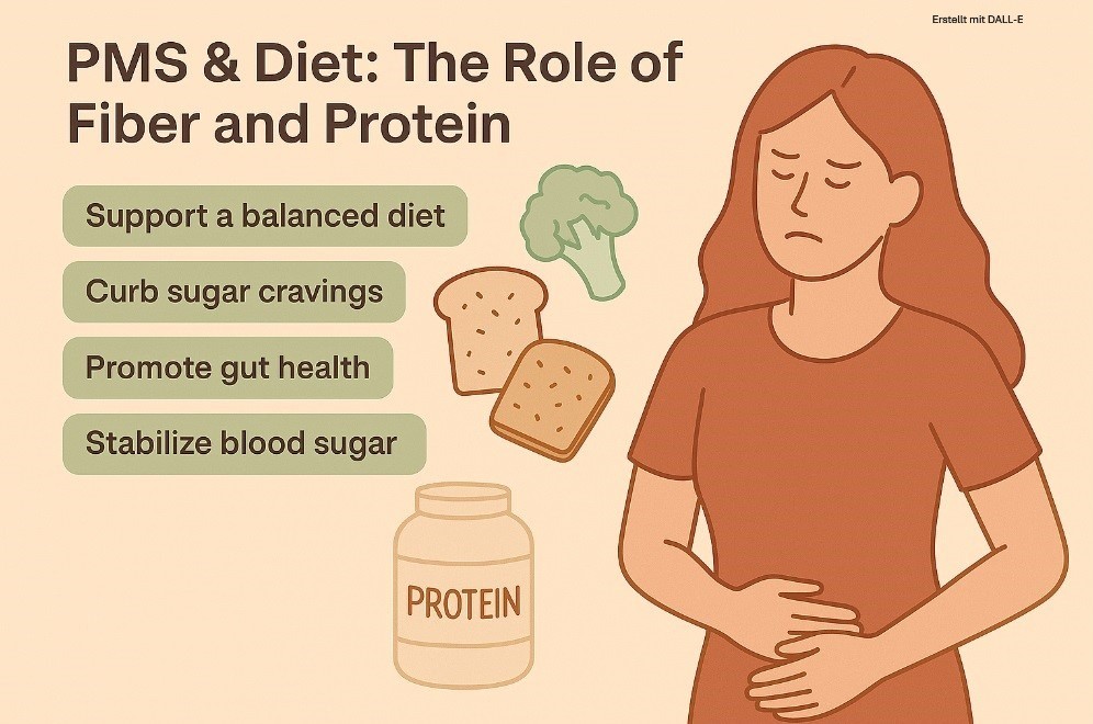 Infographic about PMS and diet: How fiber and protein support gut health, balance blood sugar, and help reduce sugar cravings.