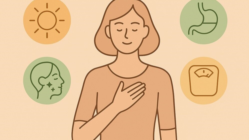 Frau mit Hand auf dem Herzen, umgeben von Symbolen für Haut, Verdauung, Gewicht und Sonne – visuelle Darstellung von Wohlbefinden, gesunder Ernährung und ganzheitlicher Balance.