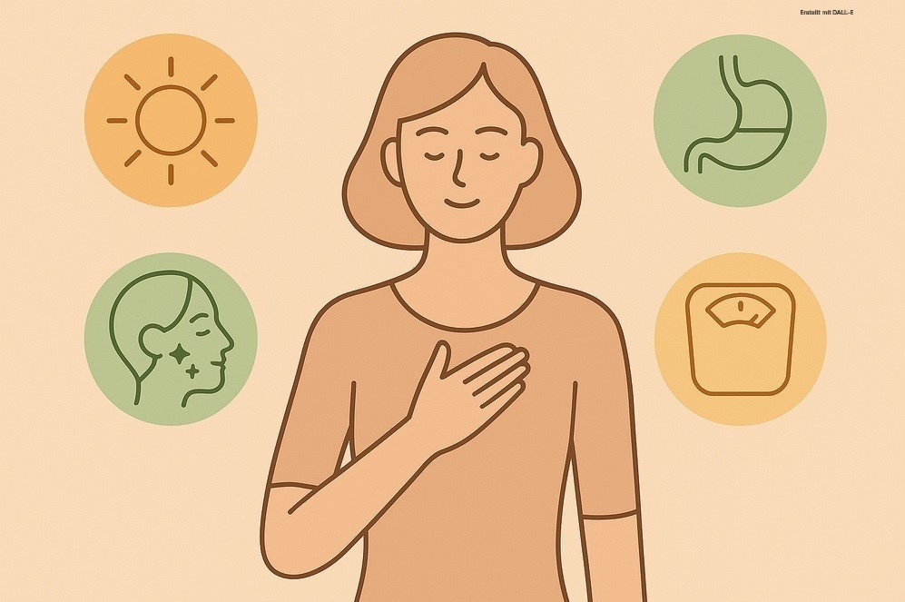 Frau mit Hand auf dem Herzen, umgeben von Symbolen für Haut, Verdauung, Gewicht und Sonne – visuelle Darstellung von Wohlbefinden, gesunder Ernährung und ganzheitlicher Balance.
