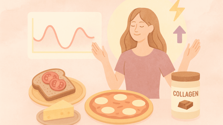 Pastellfarbene Illustration einer ausgeglichenen Mahlzeit mit Brot, Pizza, Käse und Kollagenpulver neben einer entspannten Frau – sinnbildlich für stabilen Blutzucker und konstantes Energielevel.