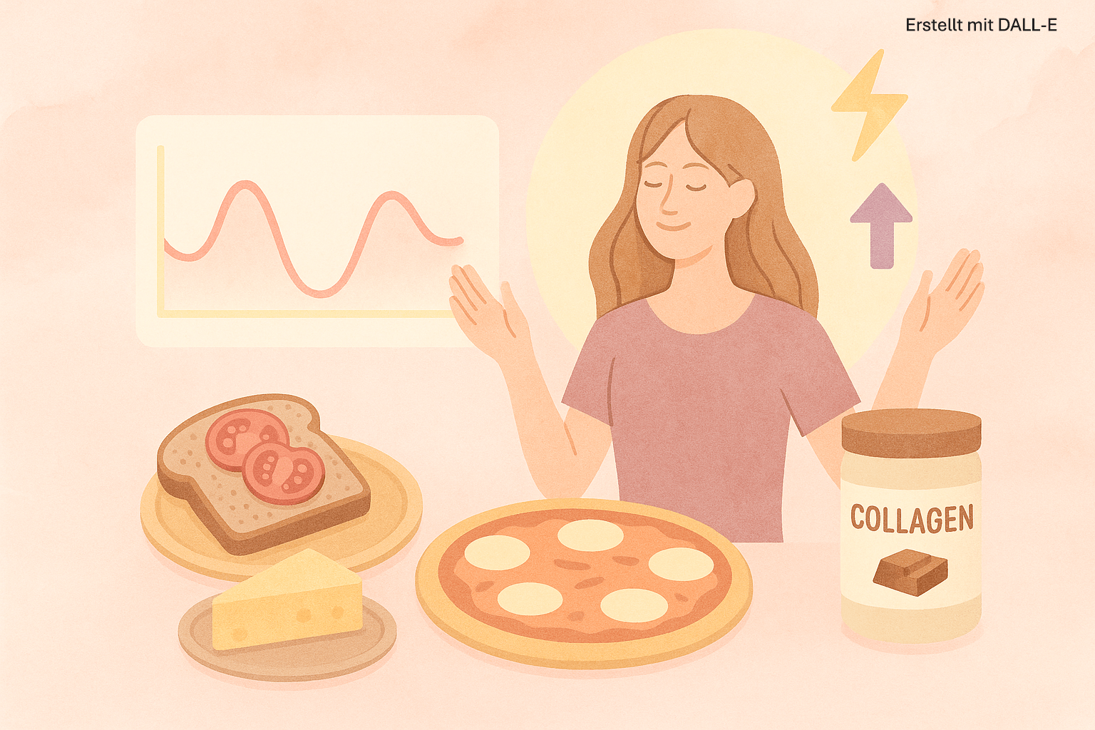 Pastellfarbene Illustration einer ausgeglichenen Mahlzeit mit Brot, Pizza, Käse und Kollagenpulver neben einer entspannten Frau – sinnbildlich für stabilen Blutzucker und konstantes Energielevel.
