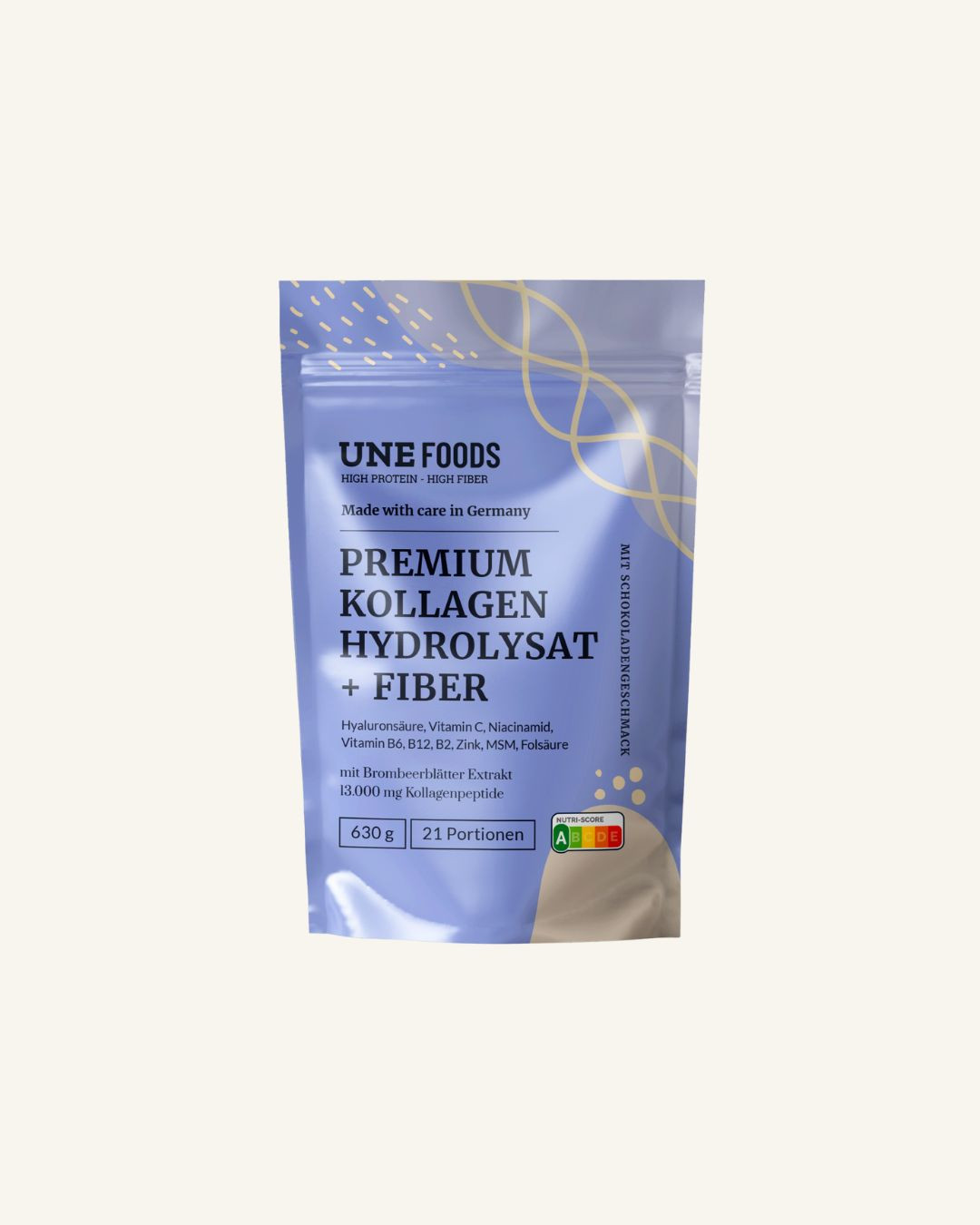 UNE Foods Premium Kollagen Hydrolysat mit Fiber in blauer Produktverpackung