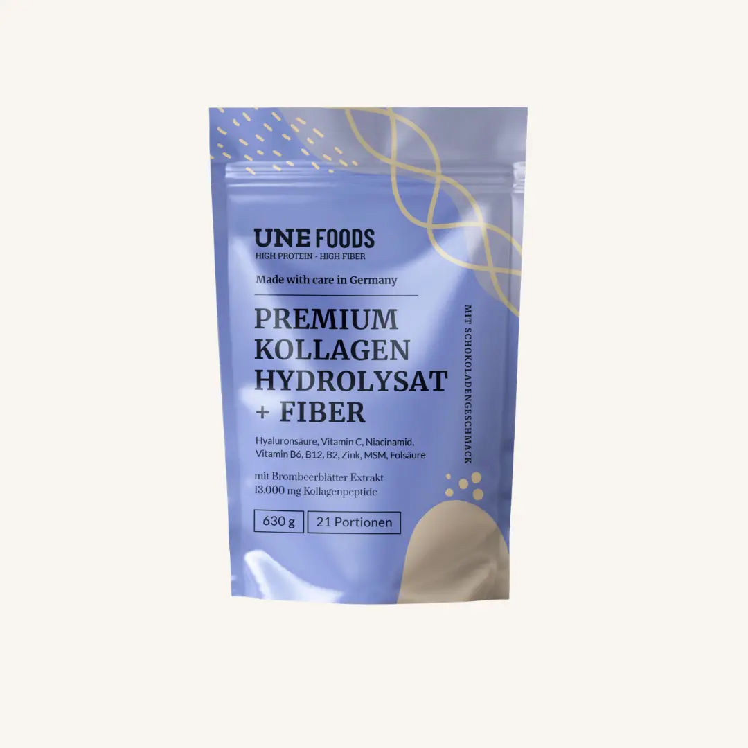 UNE Foods Premium Kollagen Hydrolysat mit Fiber in blauer Produktverpackung
