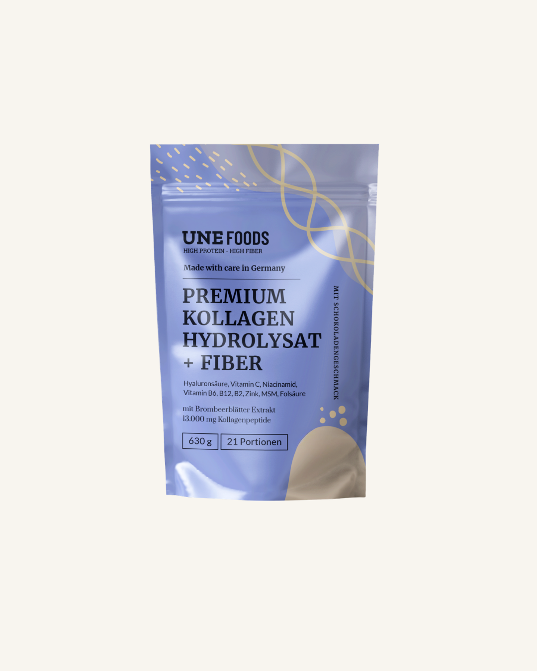 UNE Foods Premium Kollagen Hydrolysat mit Fiber in blauer Produktverpackung