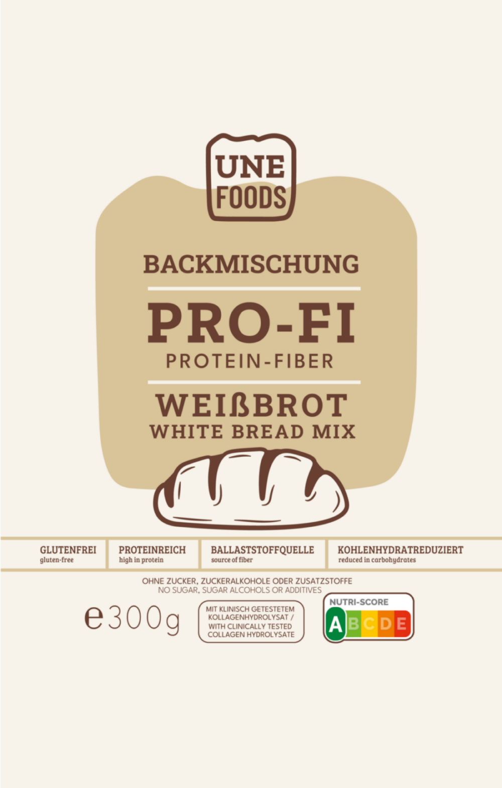 UNE Foods PRO-FI Protein-Fiber Weißbrot Backmischung Verpackung 300 g, glutenfrei, proteinreich und lower carb mit Nutri-Score A