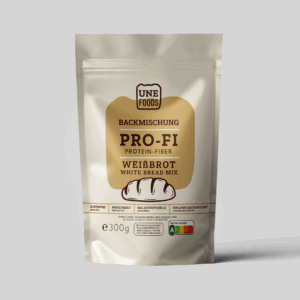Protein-Fiber Weißbrot Backmischung – Mockup der Verpackung mit glutenfreiem, proteinreichem und kohlenhydratreduziertem Weißbrot-Mix