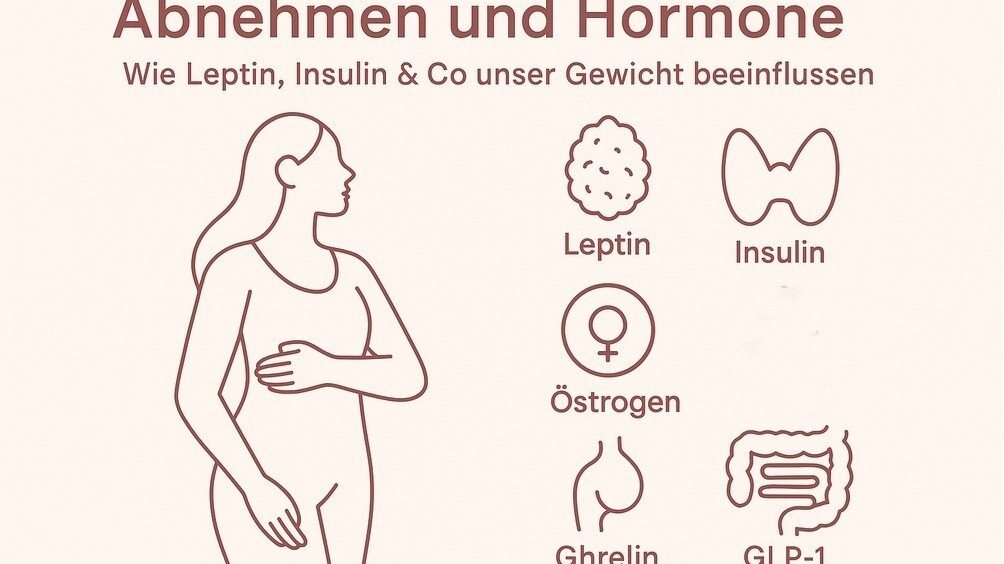 Grafik mit dem Titel 'Abnehmen und Hormone – Wie Leptin, Insulin & Co unser Gewicht beeinflussen'. Abgebildet ist eine stilisierte Frau sowie die Symbole für die Hormone Leptin, Insulin, Östrogen, Ghrelin und GLP-1, die in Zusammenhang mit Körpergewicht stehen.