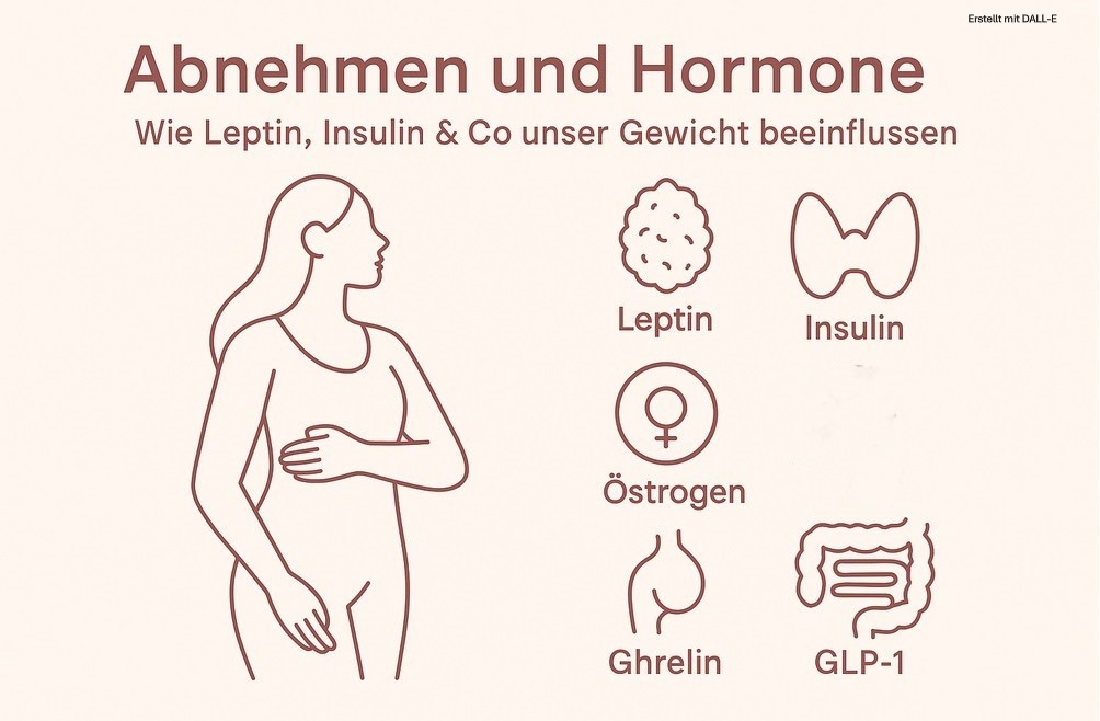 Grafik mit dem Titel 'Abnehmen und Hormone – Wie Leptin, Insulin & Co unser Gewicht beeinflussen'. Abgebildet ist eine stilisierte Frau sowie die Symbole für die Hormone Leptin, Insulin, Östrogen, Ghrelin und GLP-1, die in Zusammenhang mit Körpergewicht stehen.
